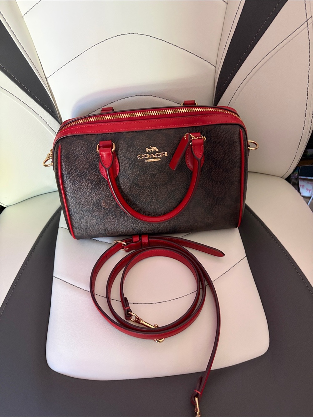 Coach Brown Signature Satchel with Red Trim and Strap